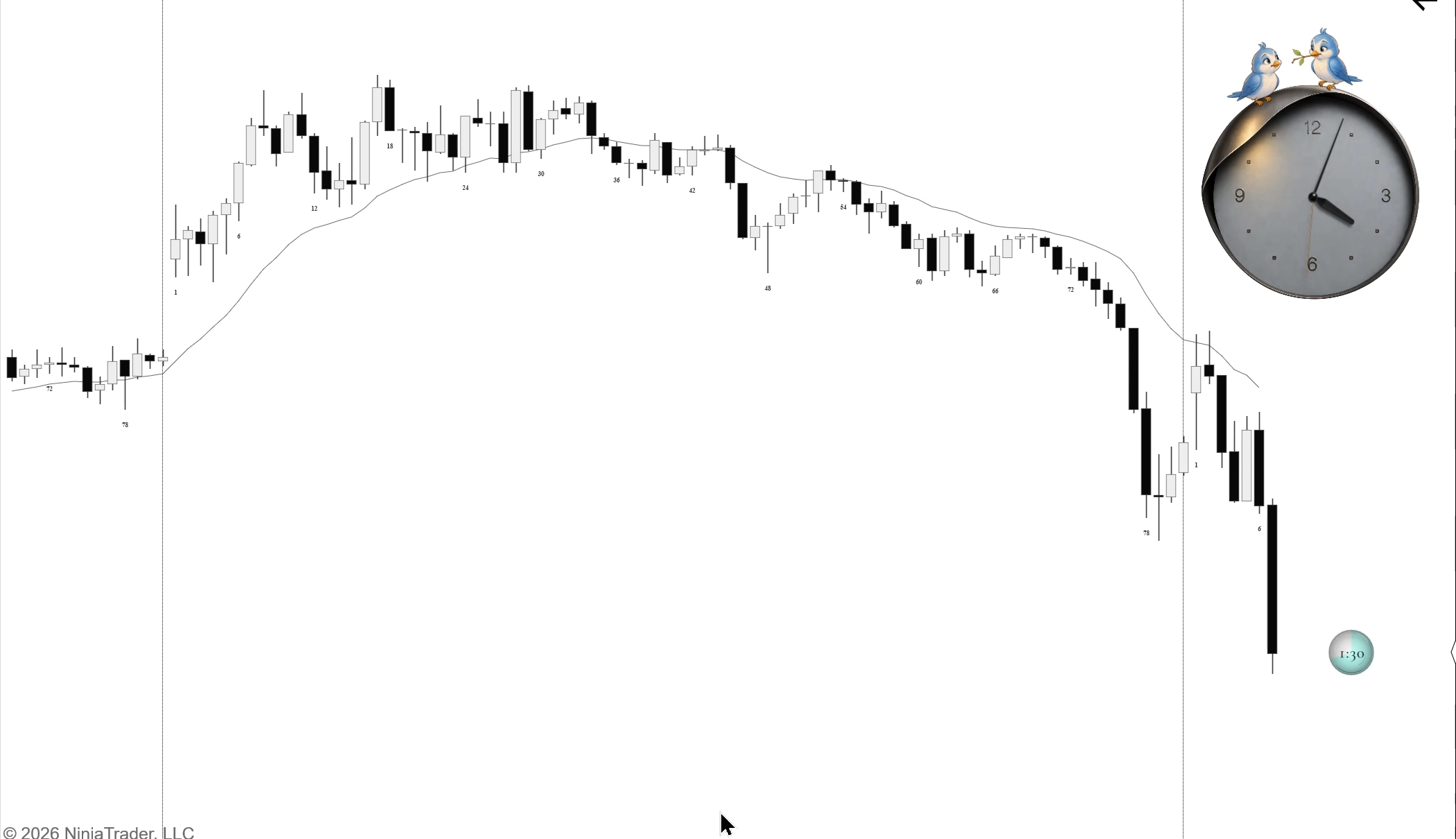 BarClock Two Blue Birds clock and countdown on a NinjaTrader chart.